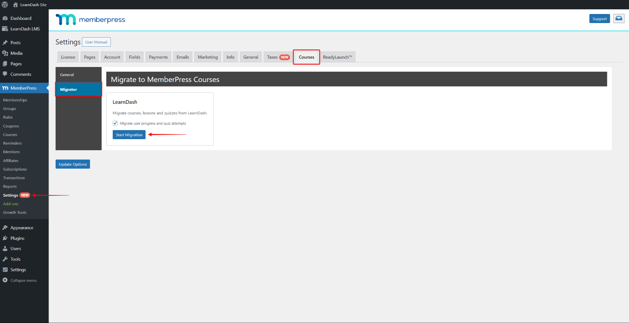 Migrate LearnDash To MemberPress - Start Migration from Settings 
