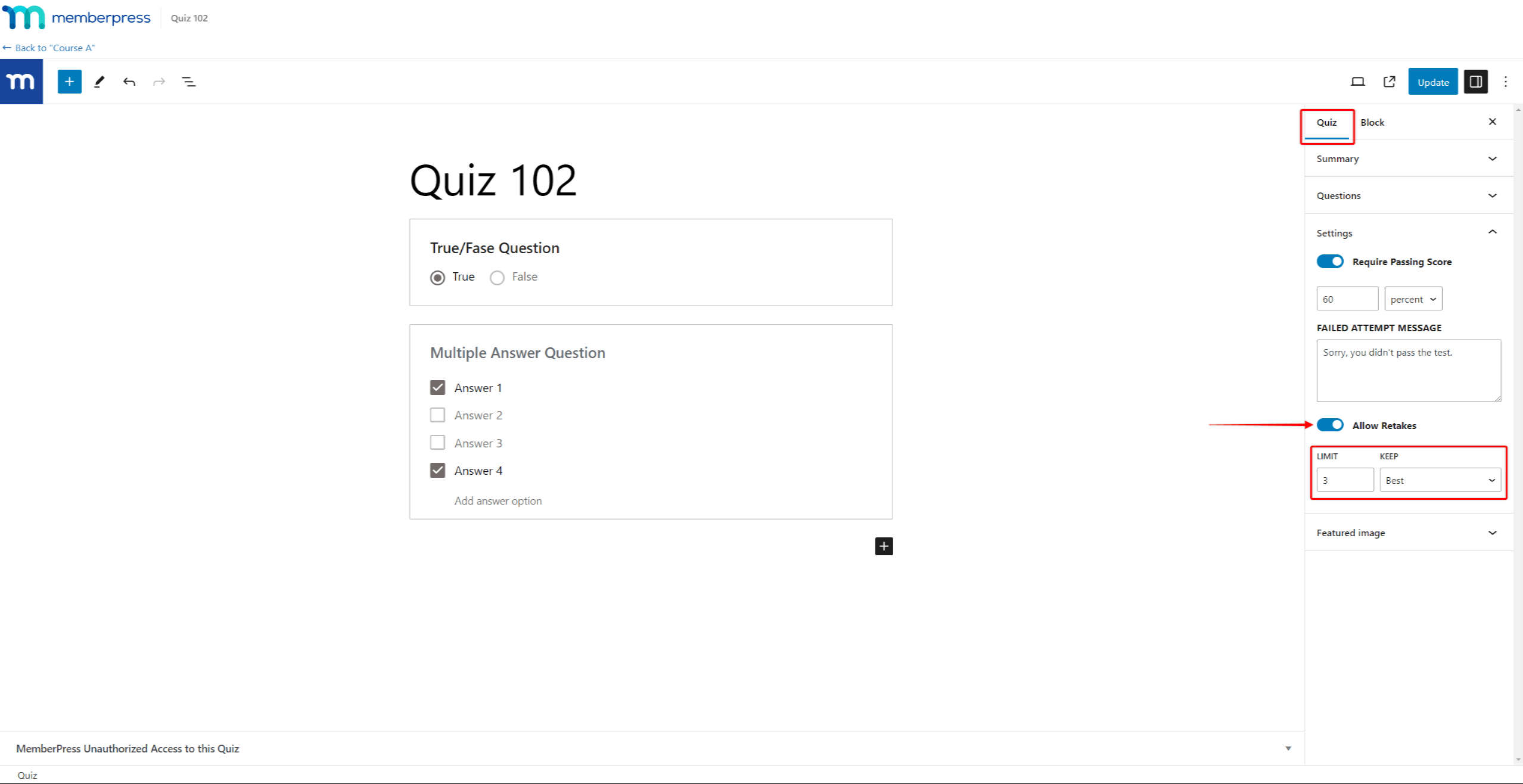 MemberPress Quizzes - Allow Retakes