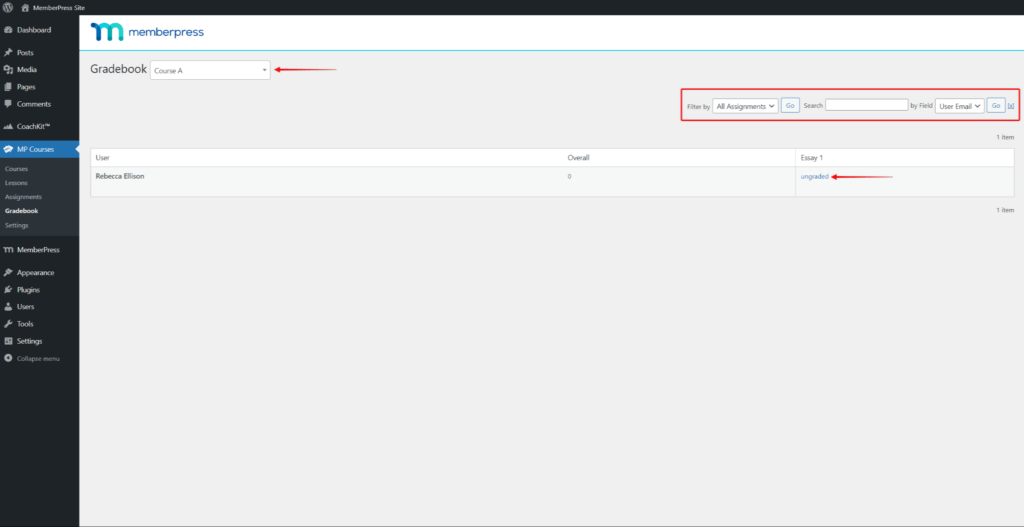 Gradebook filter search