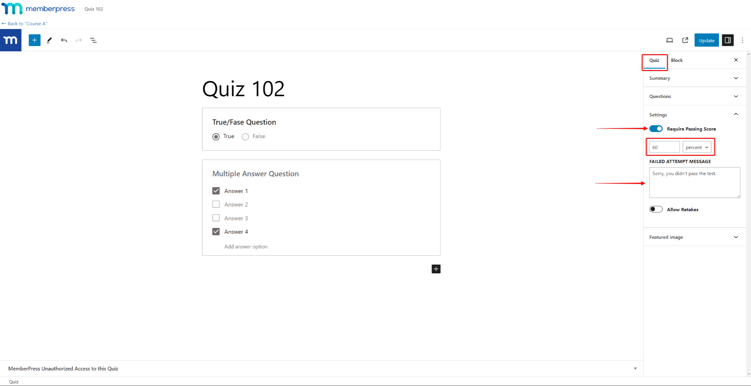 MemberPress Quizzes - Require Passing Score