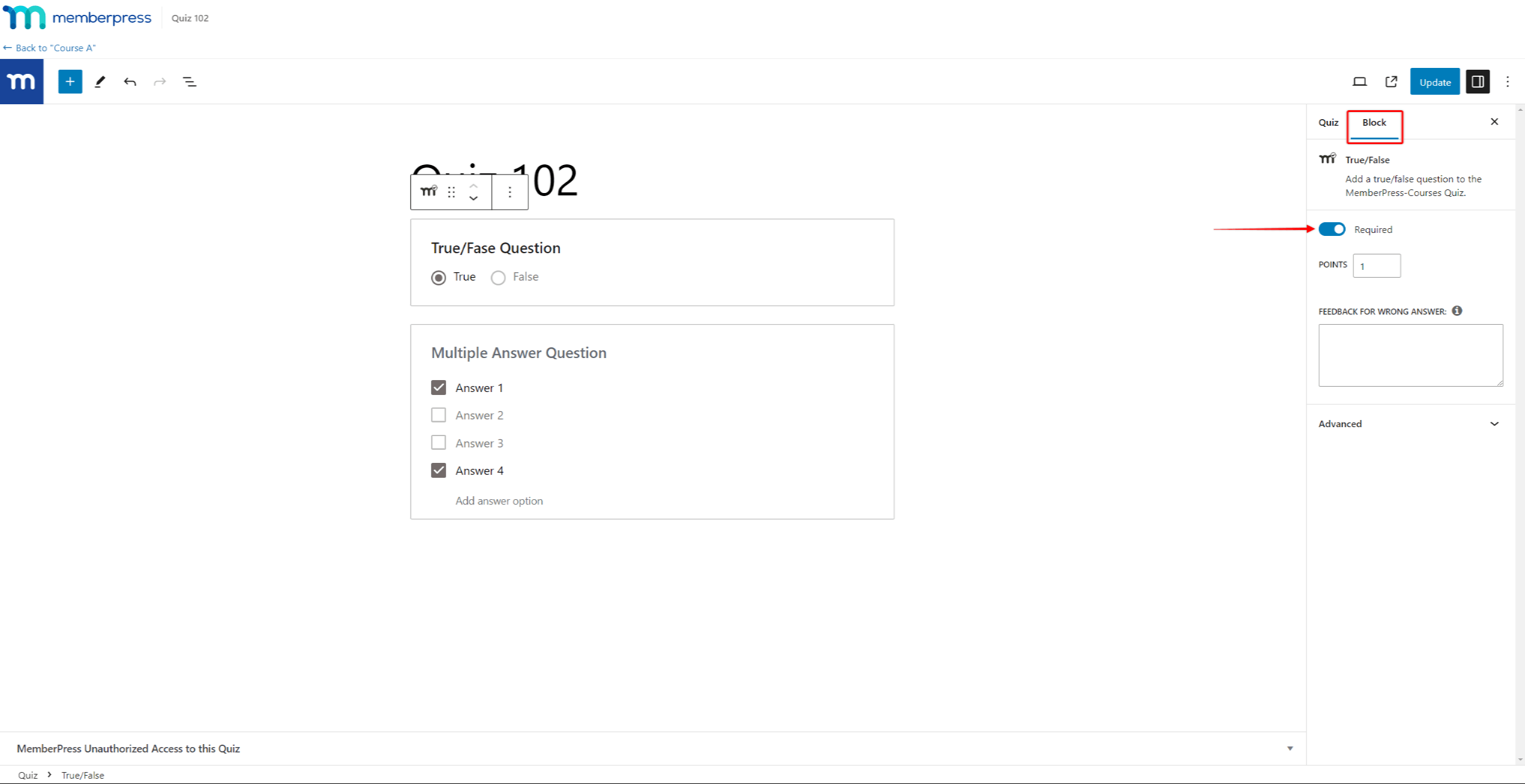 MemberPress Quizzes - Required Questions