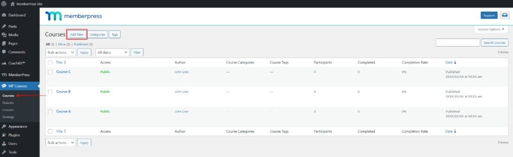 create new course inside MemberPress Courses