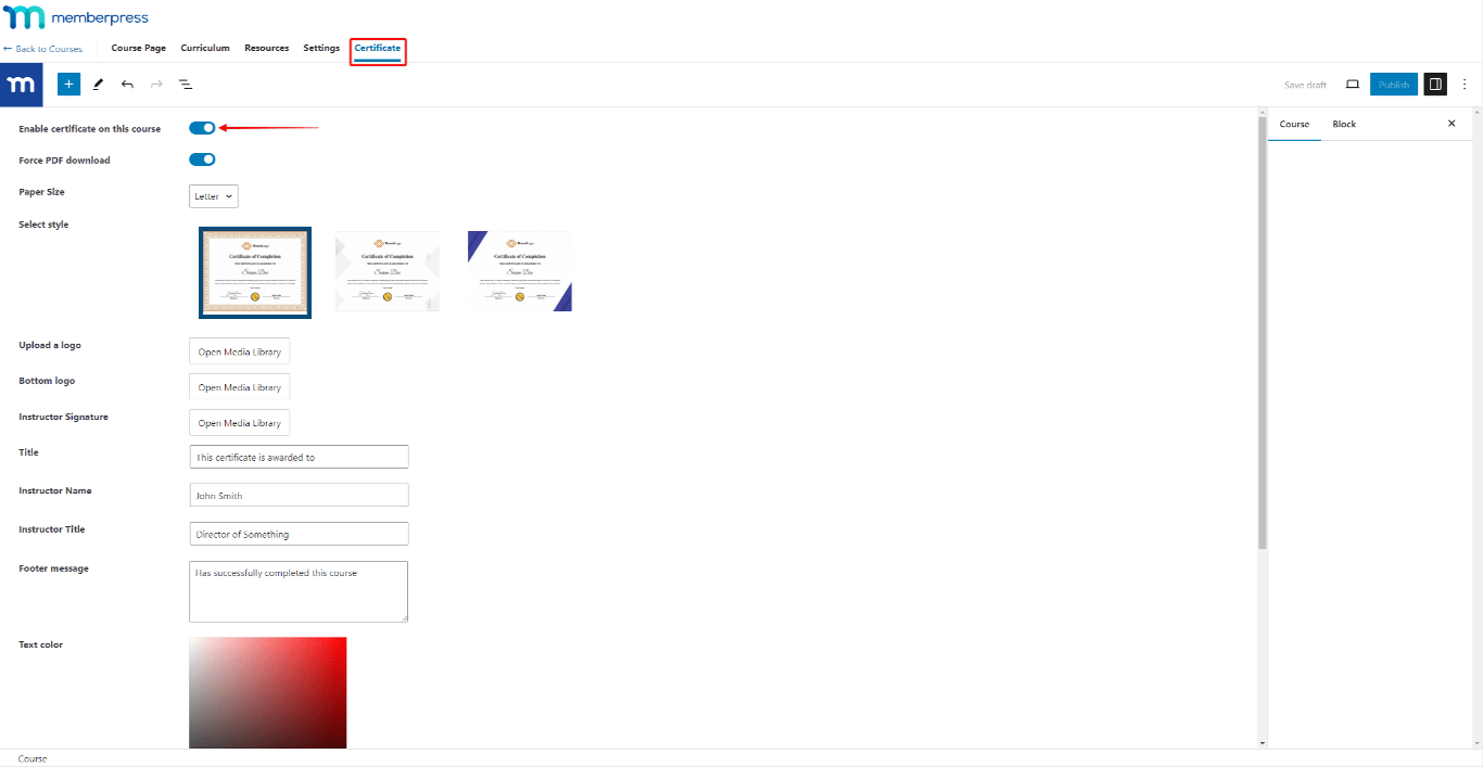 MemberPress-Kurs-Editor - Registerkarte "Zertifikat