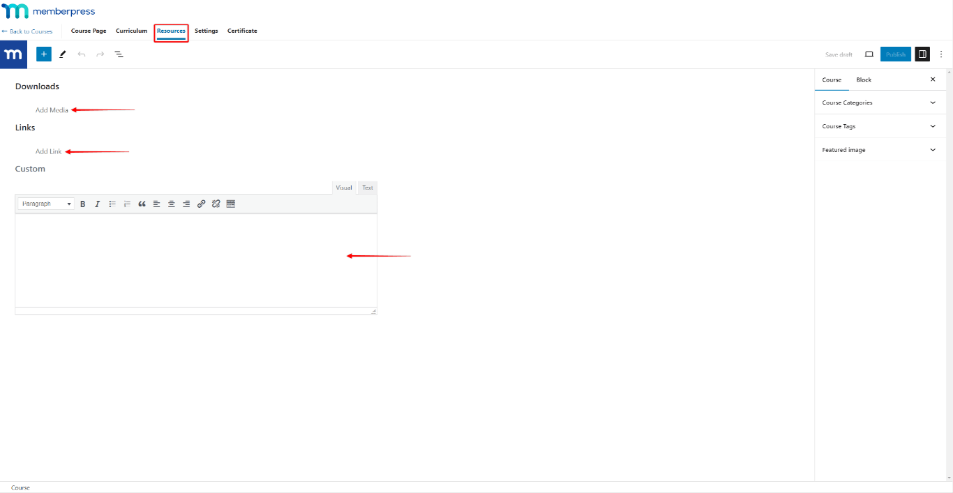 MemberPress Courses Editor - Resources tab