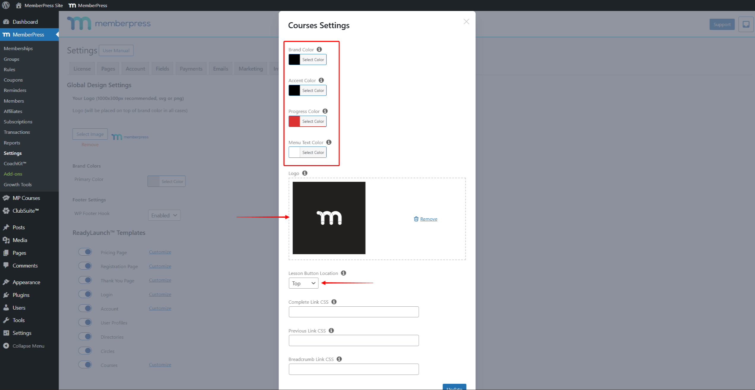 mpcs-courses-template-settings | MemberPress Personalización de plantillas de cursos ReadyLaunch™