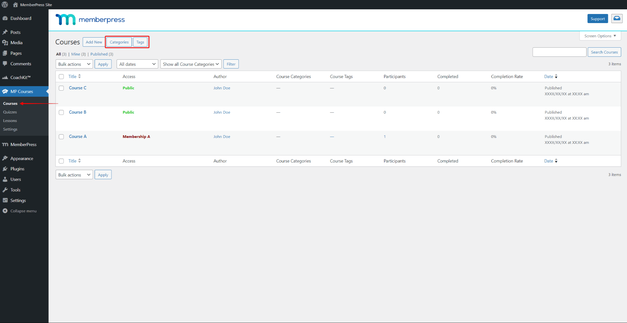 Botões de categorias e etiquetas do curso