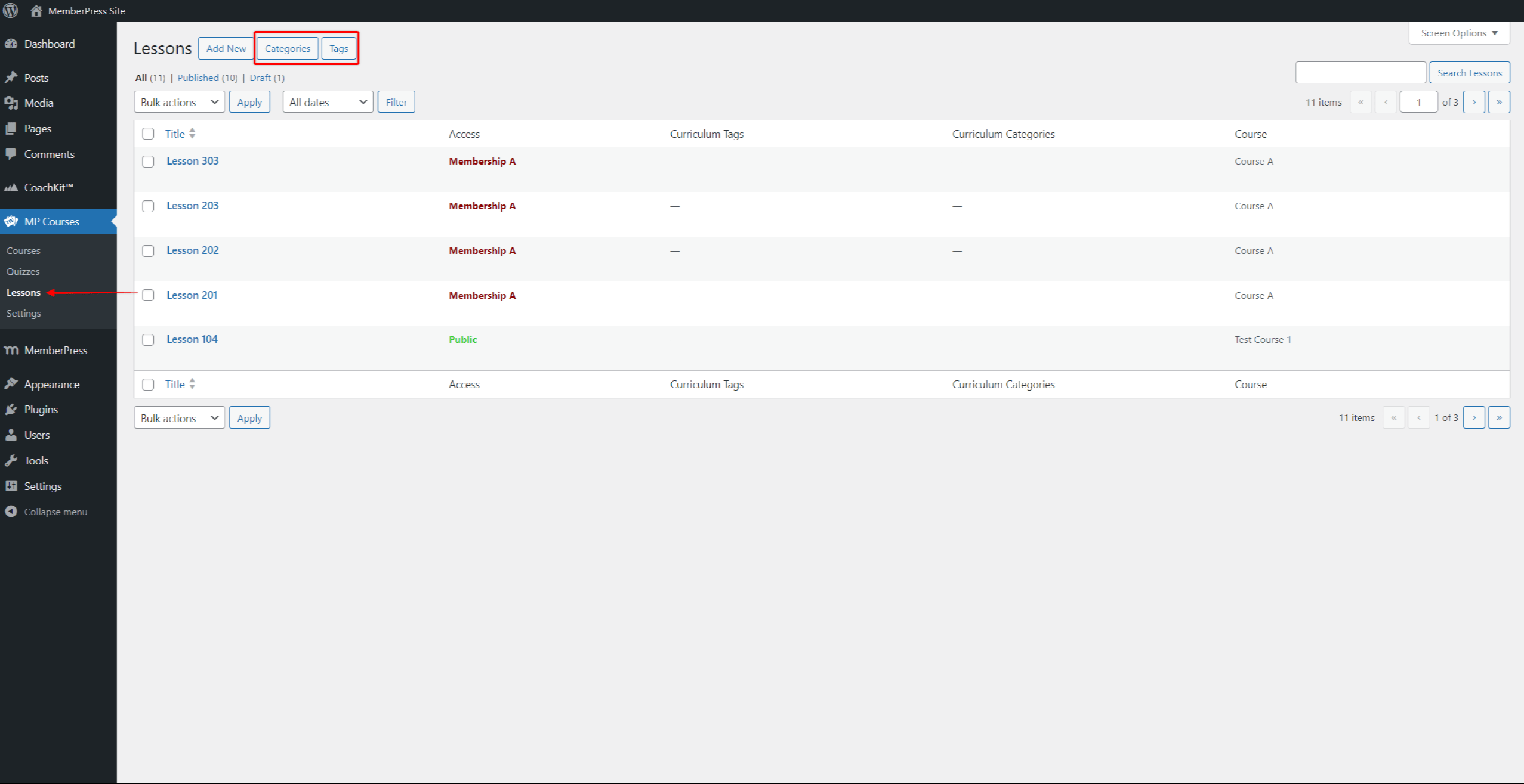 Schaltflächen für Lehrplan-Kategorien und -Tags