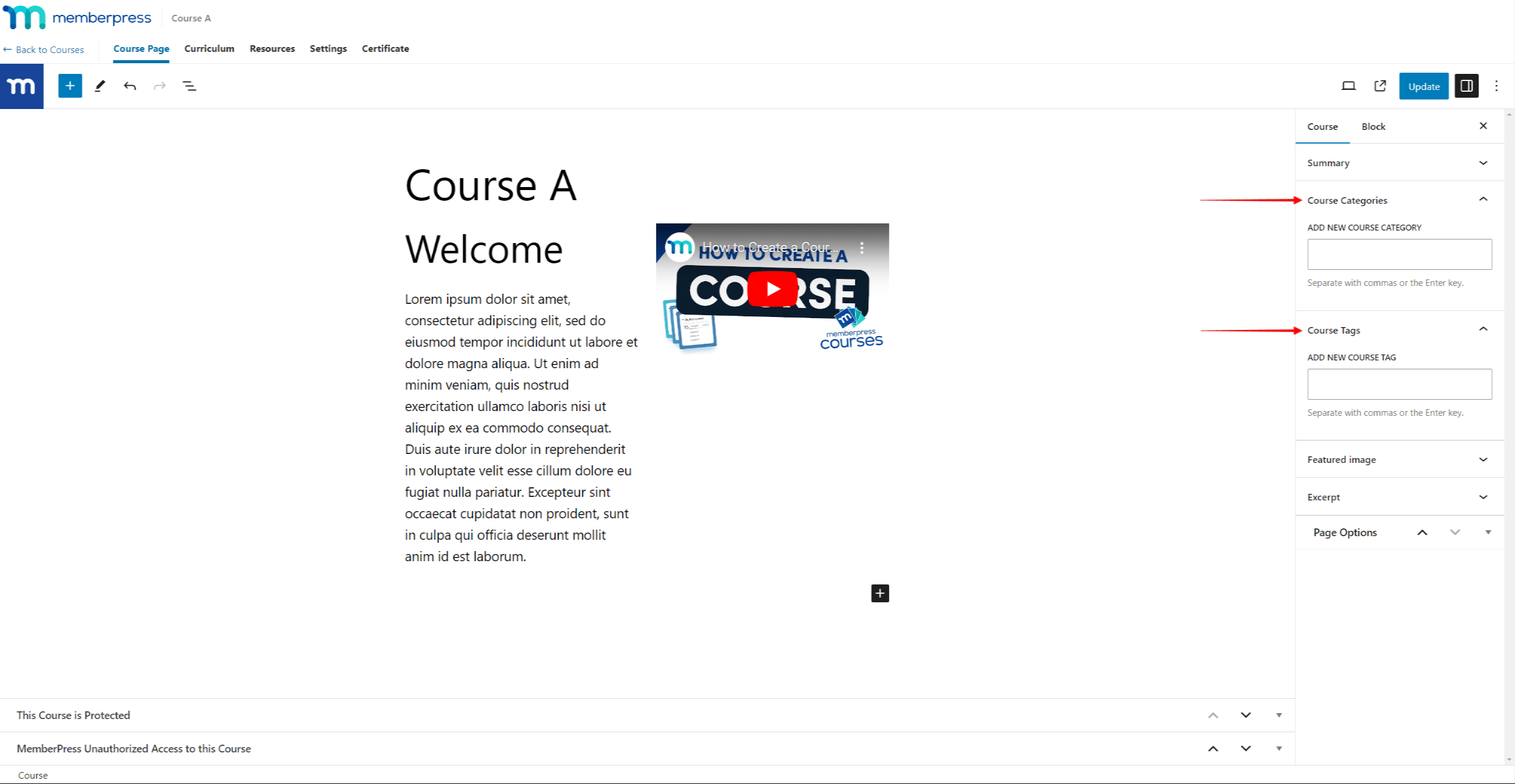 Course Categories and Tags Panels