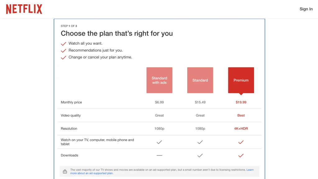 Seite mit den Netflix-Tarifen | MemberPress Netflix-Preisvergleich, der die Tarife „Standard mit Werbung“, „Standard“ und „Premium“ mit den monatlichen Preisen sowie Häkchen für Funktionen wie Videoqualität und Auflösung (werbefinanziert, 4K+HDR) zeigt.