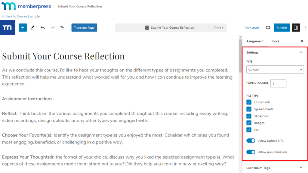 MemberPress Courses Assignments options de personnalisation 