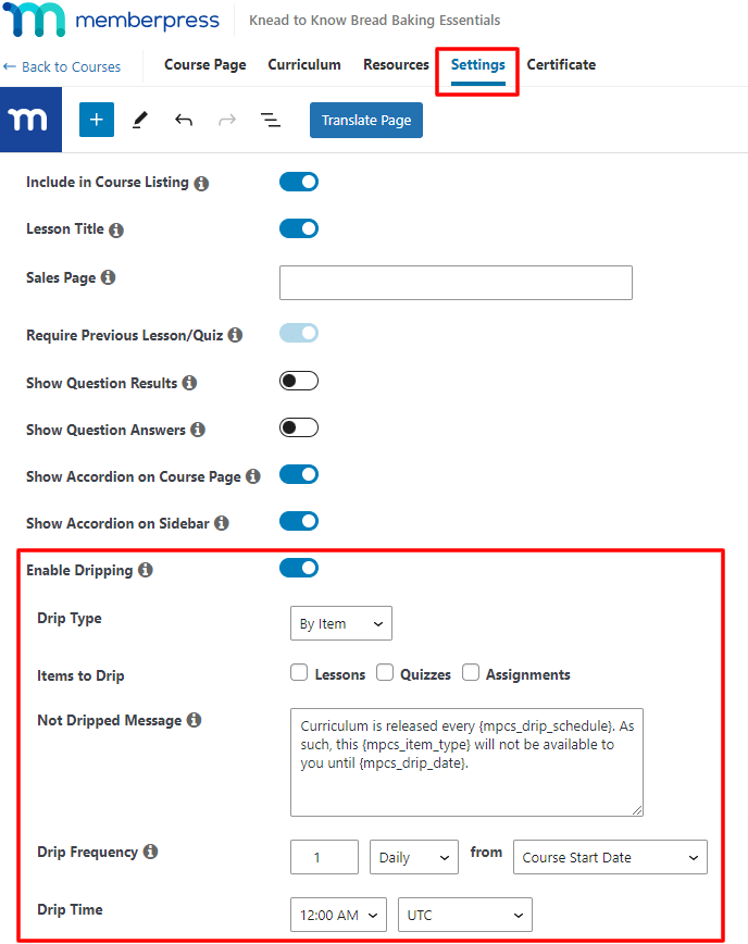 Ativar o gotejamento do conteúdo do curso no currículo dos cursos MemberPress 