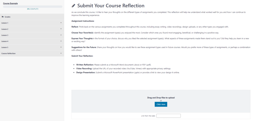 Allow students to submit a mix of assignment types, from essay writing, multimedia and graphic uploads, URL submissions, and more with MemberPress Courses 