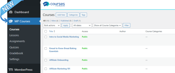 MemberPress Courses WordPress dashboard view 