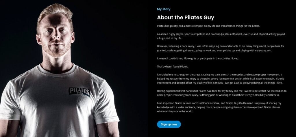 Pilates Guy's personal story on his course landing page