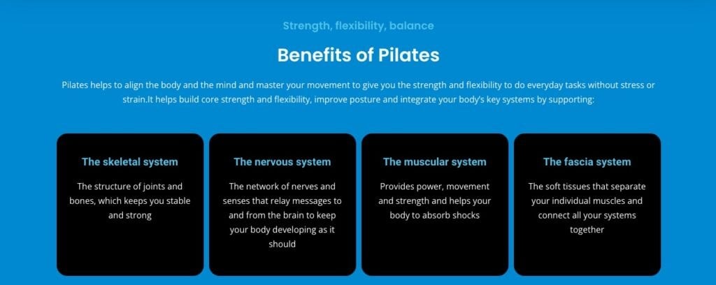 Screenshot of On Demand Pilates landing page benefits