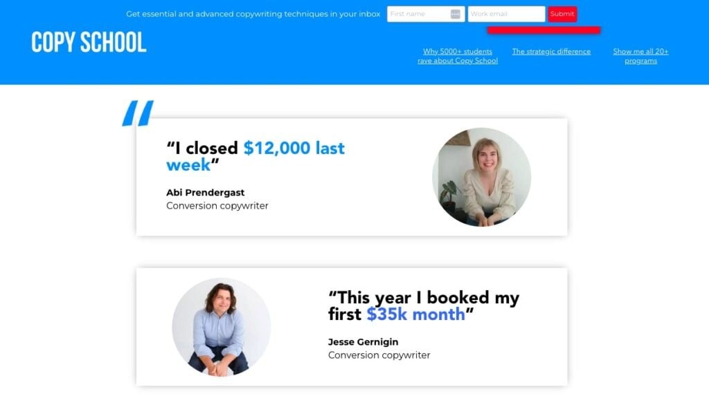 Testimonials on Copyhackers Copy School Course Landing Page