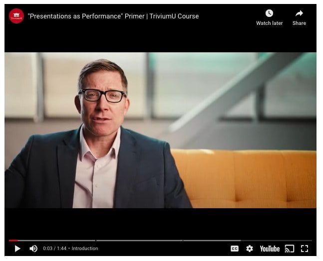 Video on course landing page for TriviumU Presentations as Performance course