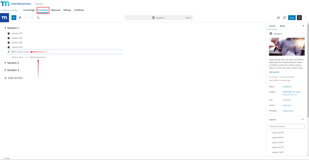 Add a new assignment in the MemberPress Courses Curriculum builder 