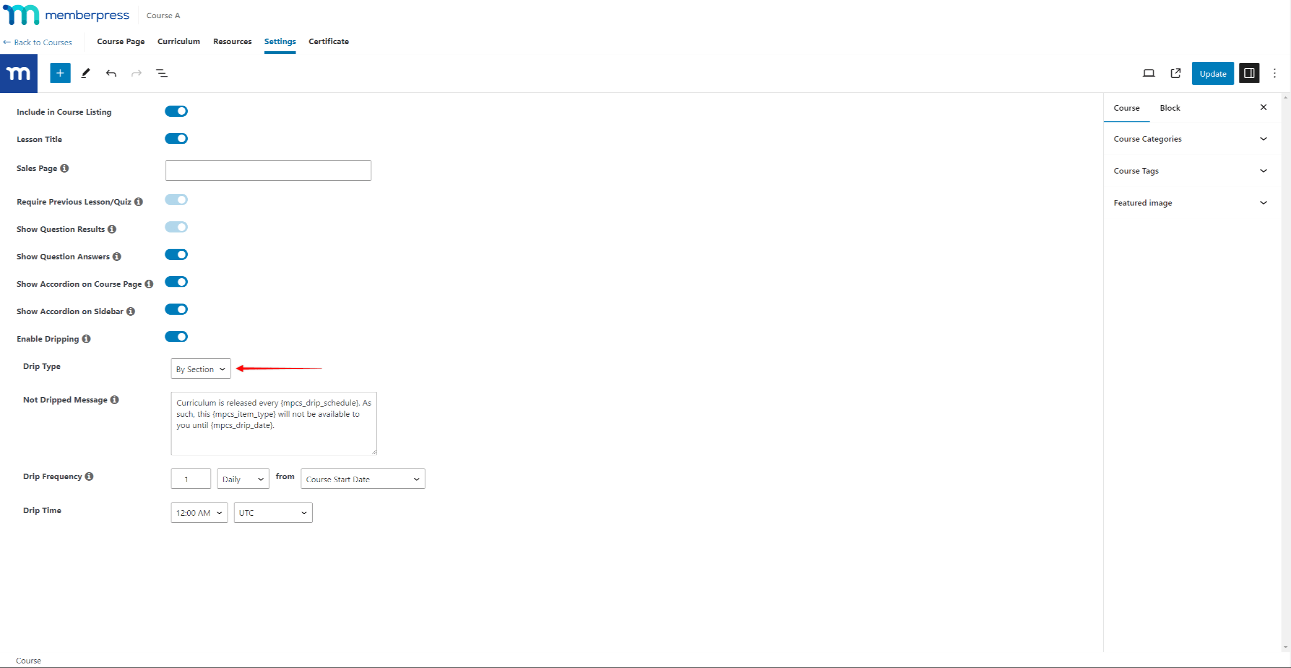 MemberPress Cours - Type goutte à goutte