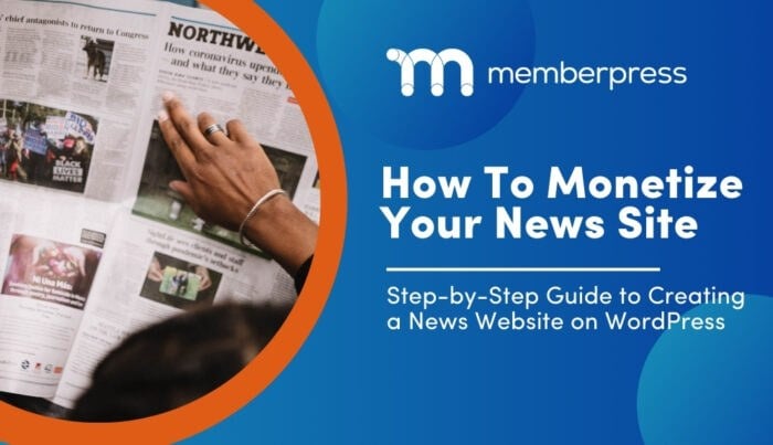 Title image showing a woman reading a newspaper with the title " Create a Members Only News Website on WordPress"