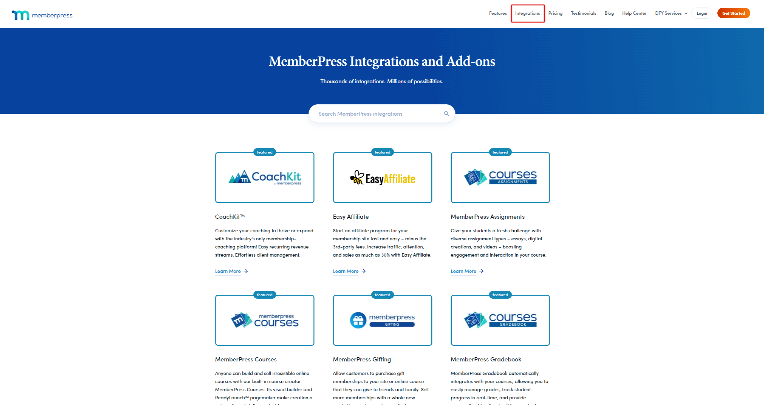 Página de integraciones de MemberPress