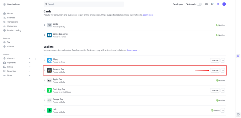 Enable Amazon Pay in Stripe