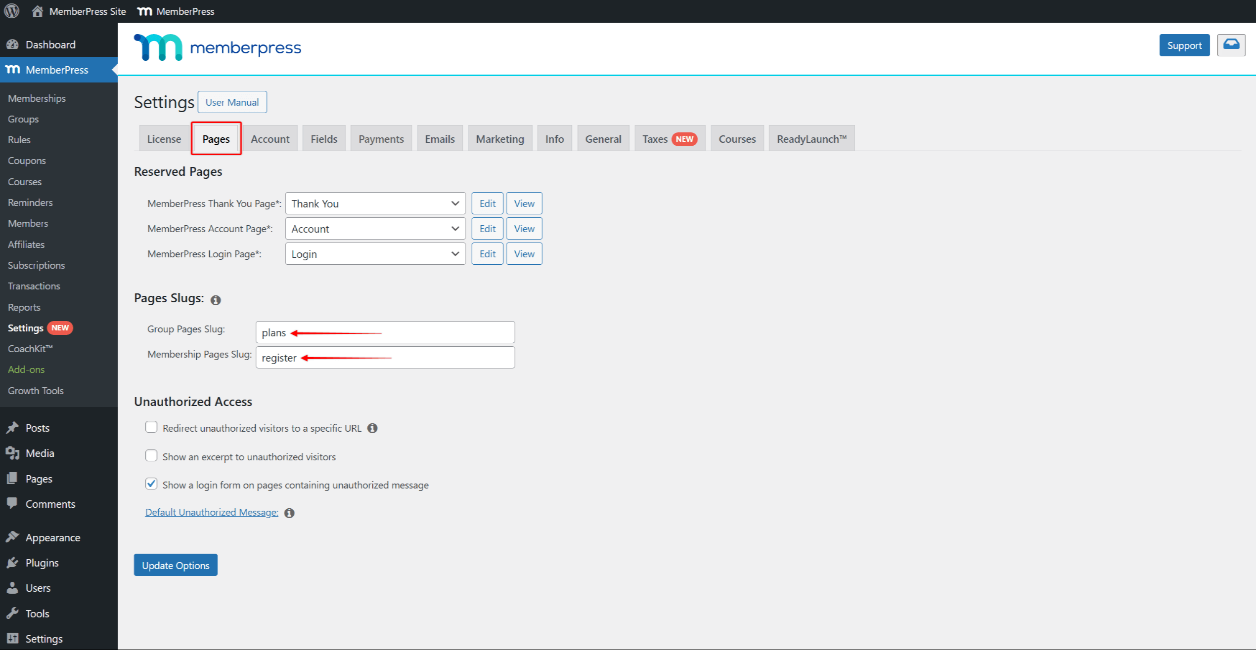 MemberPress Registration and Pricing page slugs