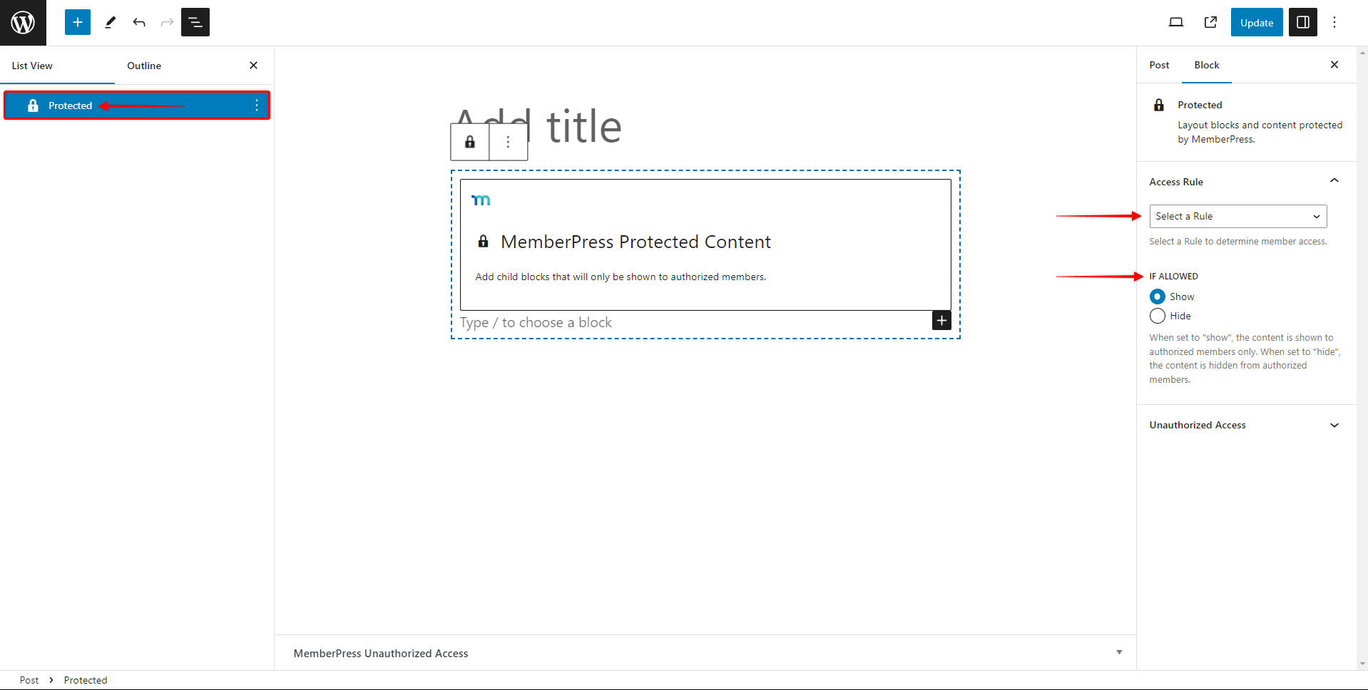image | MemberPress Protected Content Block Settings