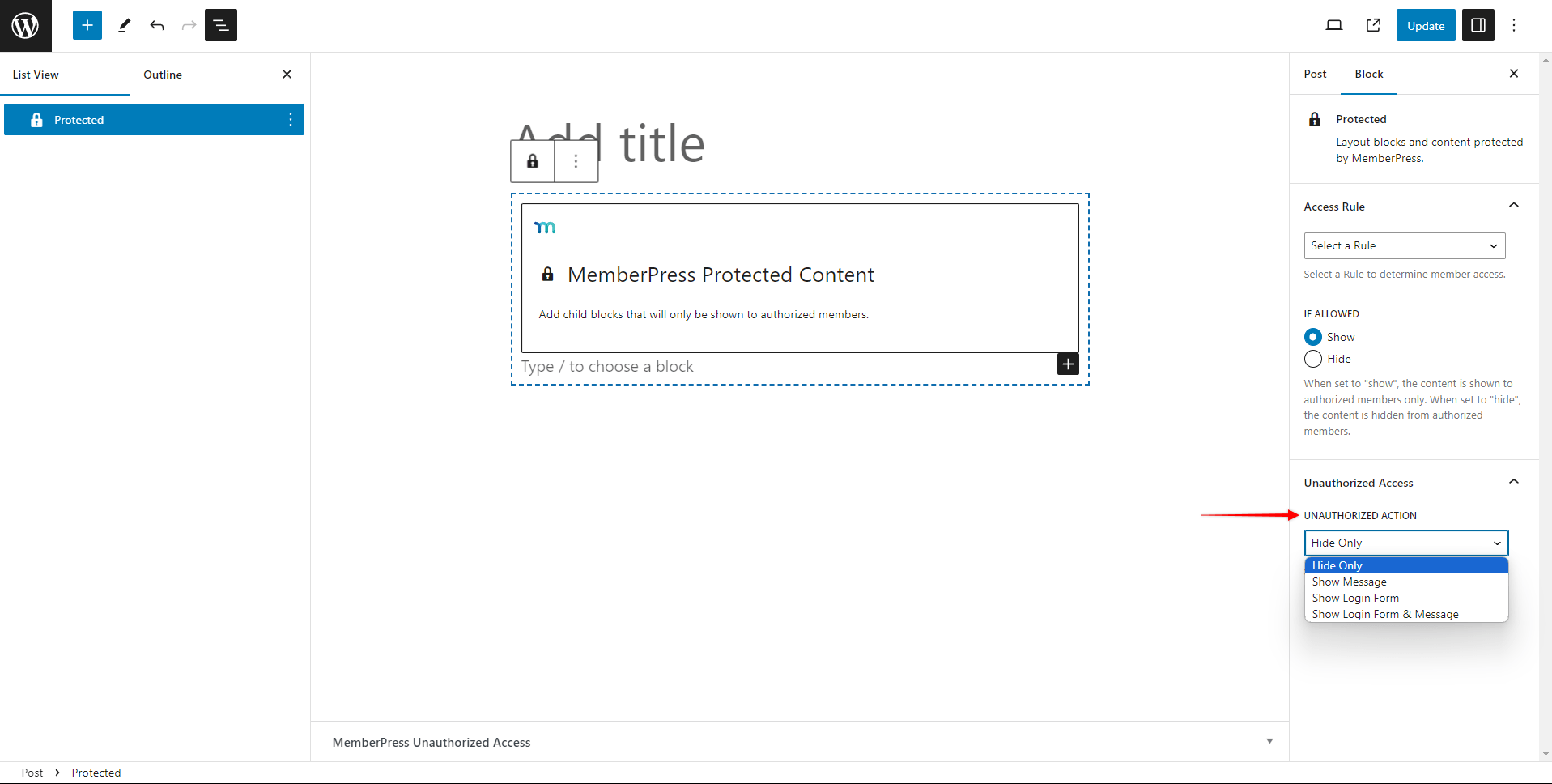 image | MemberPress Protected Content Block - Unauthorized Access Settings