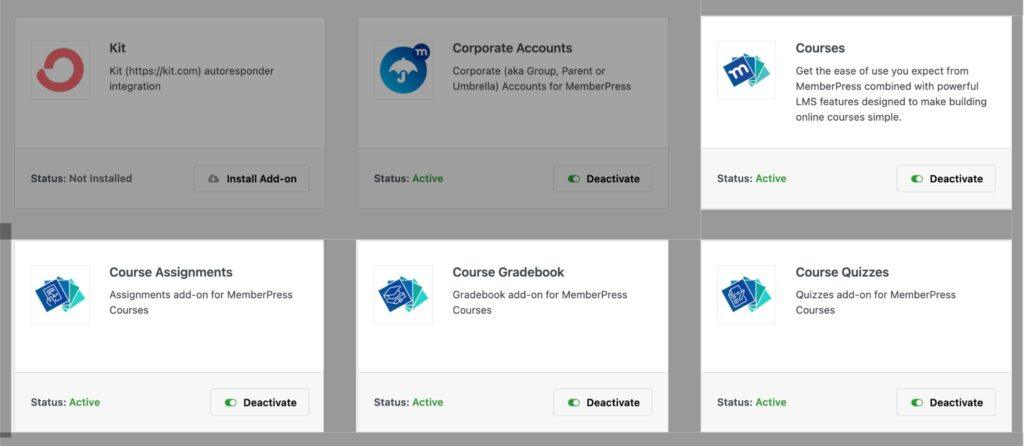 Cursos Add-ons ativados no MemberPress | MemberPress Complementos de cursos ativados no MemberPress