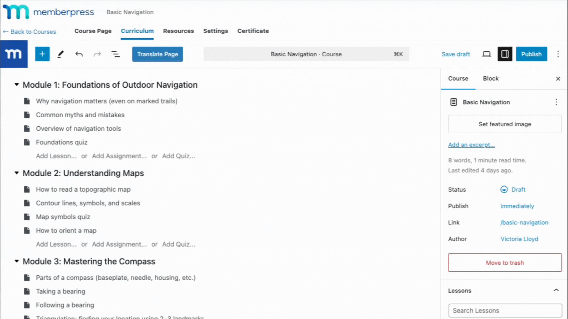 Criador de cursos on-line reordenar lições e módulos | MemberPress Gif mostrando a função de clicar e arrastar do criador de cursos on-line dos Cursos MemberPress