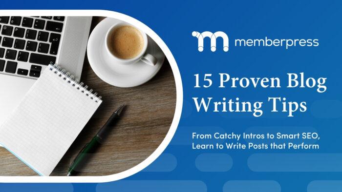 Blog Writing Tips title image showing a laptop, writing pad and cup of coffee