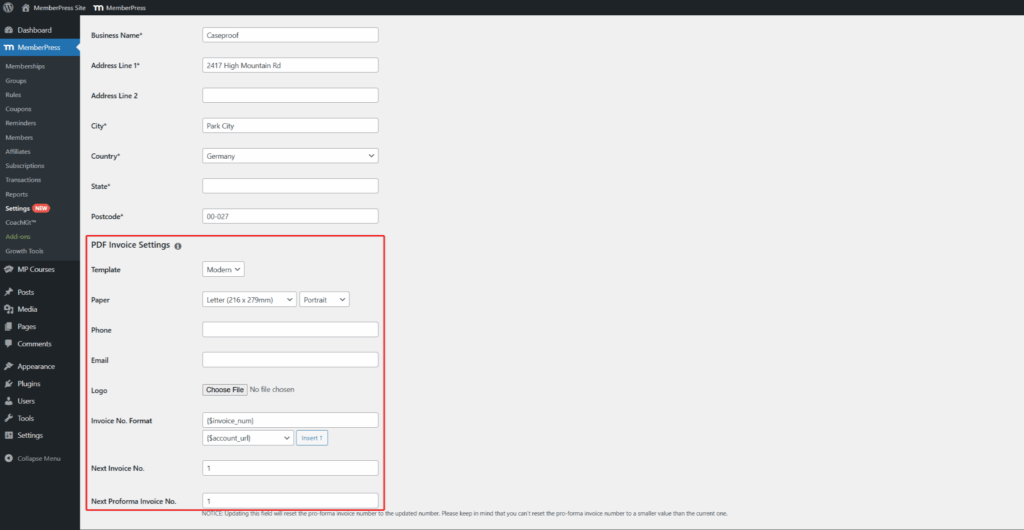 mepr-pdf-invoice-settings | MemberPress