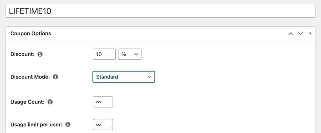Screenshot of how to set up a 10% lifetime member discount coupon | MemberPress Screenshot of how to set up a 10% lifetime member discount coupon