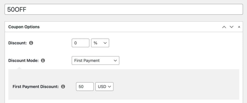 Screenshot of how to set up a off member discount coupon for first payments | MemberPress Screenshot of how to set up a off member discount coupon for first payments