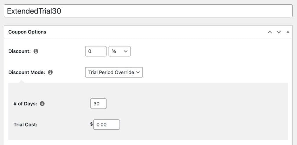 Screenshot of how to set up an extended trial membership coupon | MemberPress Screenshot of how to set up an extended trial membership coupon