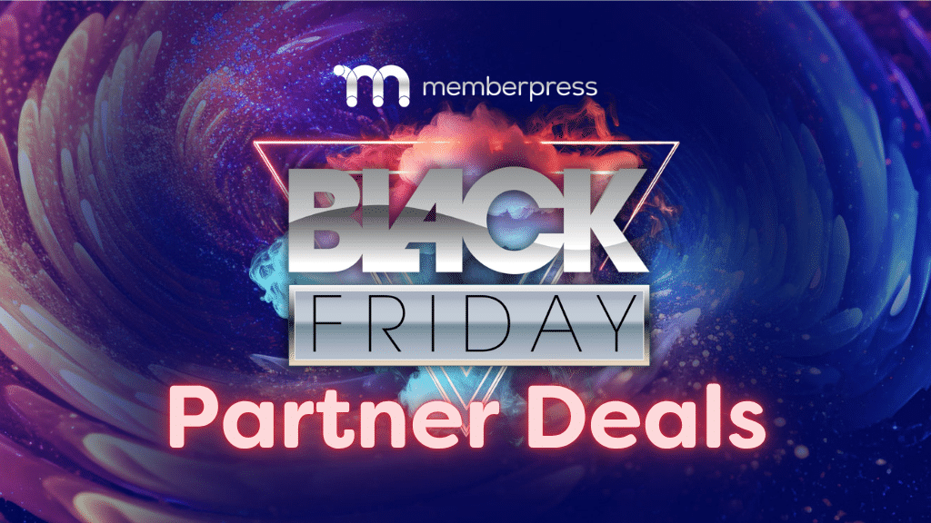 MemberPress Black Friday Partner Deals promotion with neon text and a cosmic background