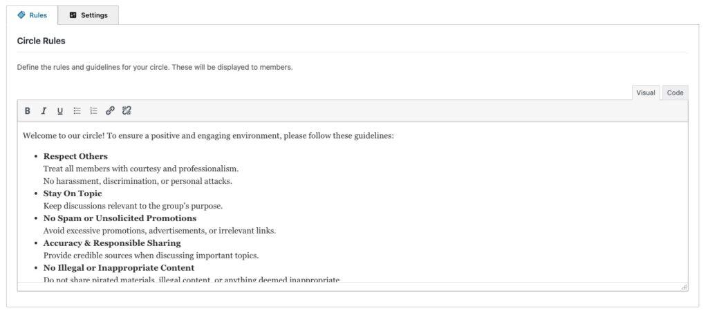 Captura de tela | MemberPress ClubCircle rules settings
