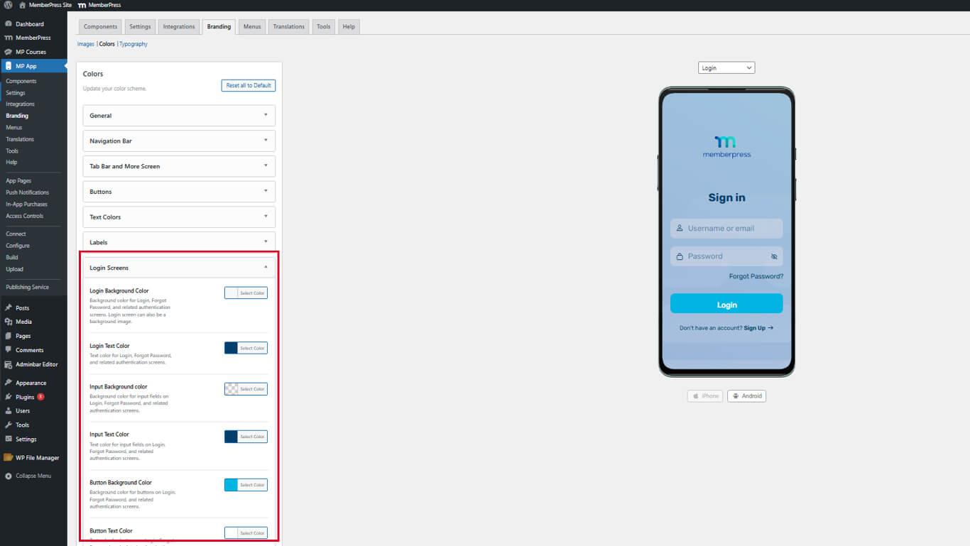 Configuración de los colores de la aplicación en MemberPress App-8 | MemberPress