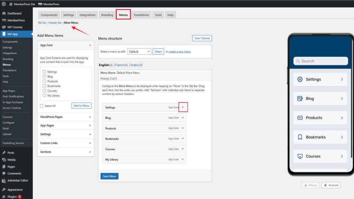Configuring Tab Bar and More Screen Navigation in MemberPress App - 14 | MemberPress