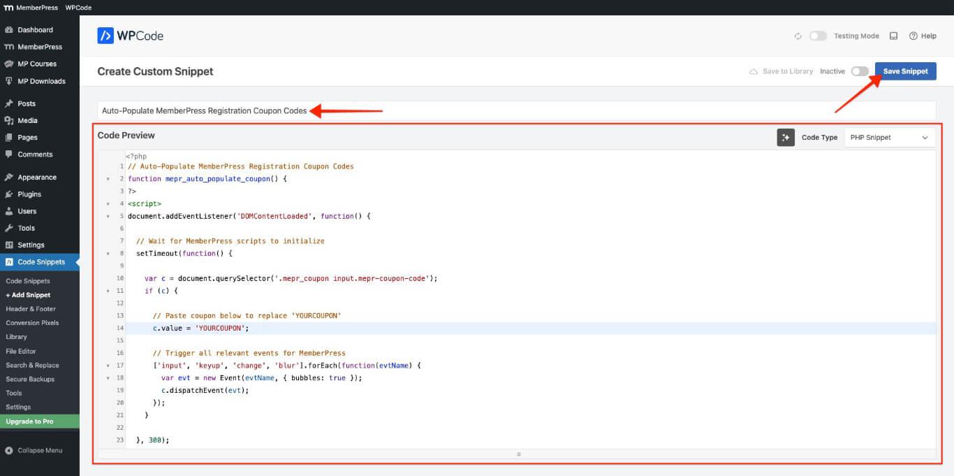 mepr-1-12-10-add-code-save | MemberPress add snippet and save
