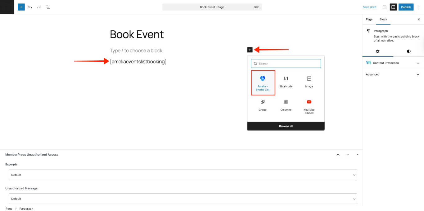 add amelia event shortcode