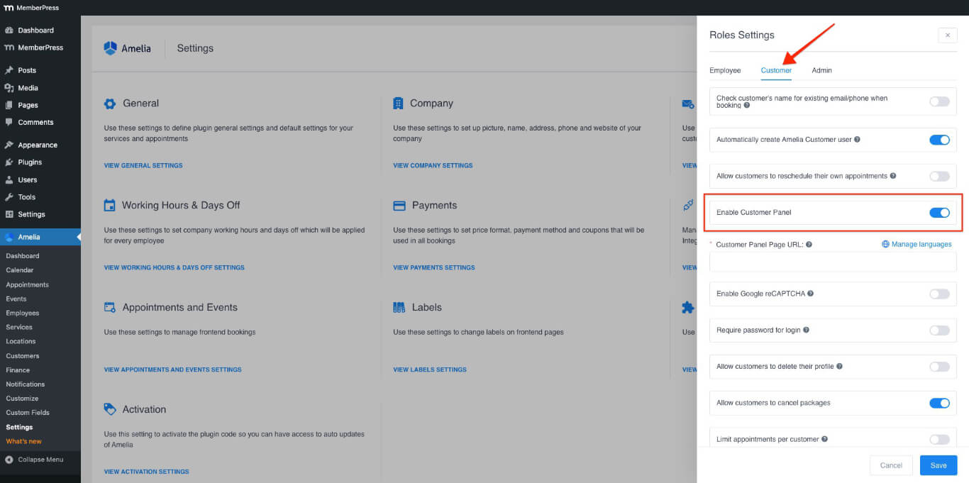 enable amelia customer panel