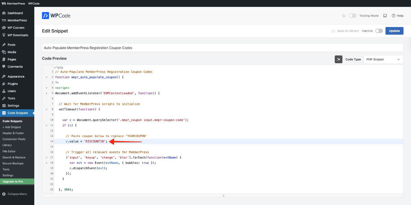 mepr-1-12-10-replace-code | MemberPress replace coupon in snippet
