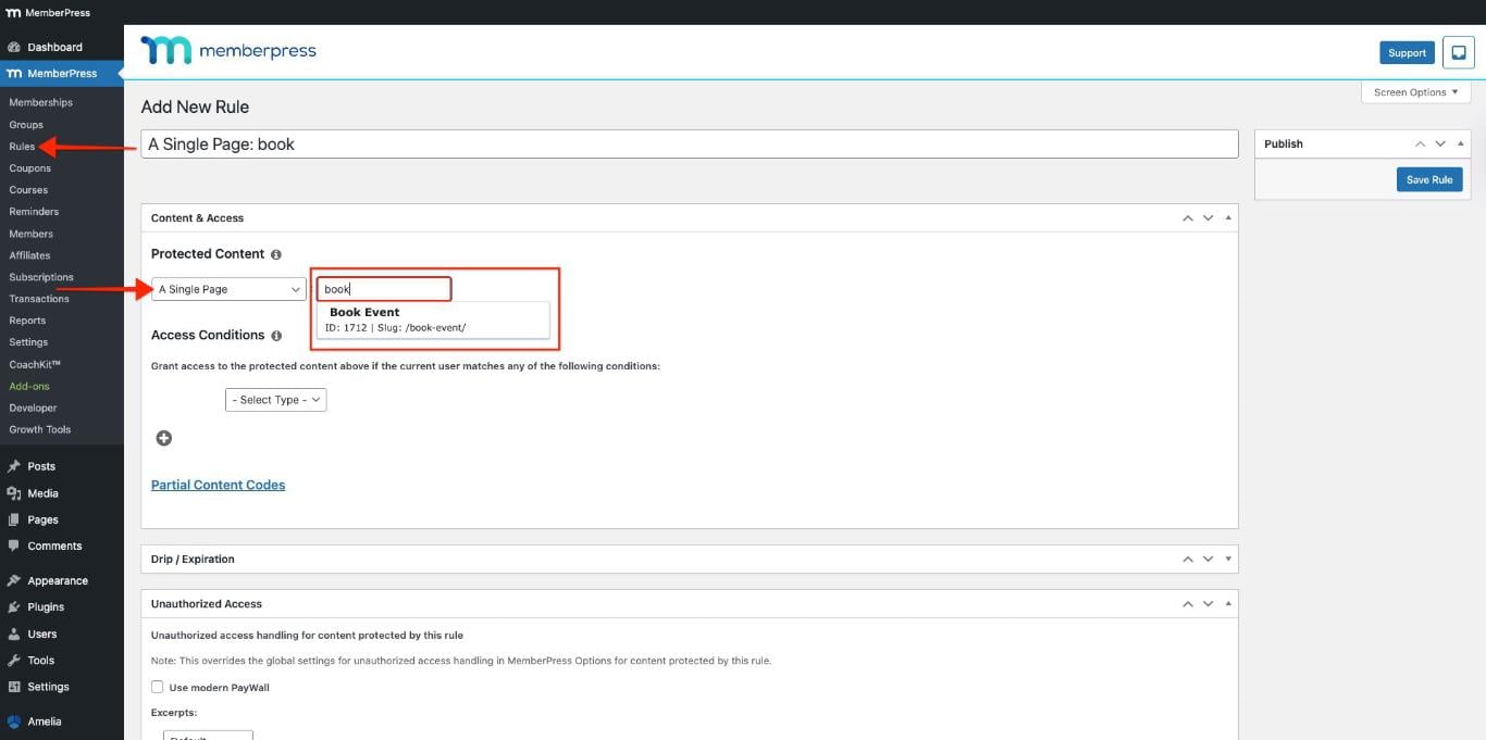 create memberpress rule for event