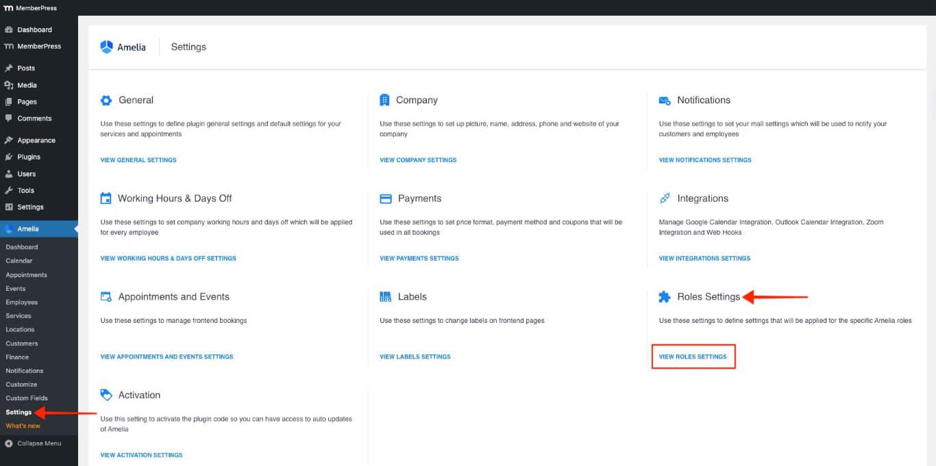 amelia role settings