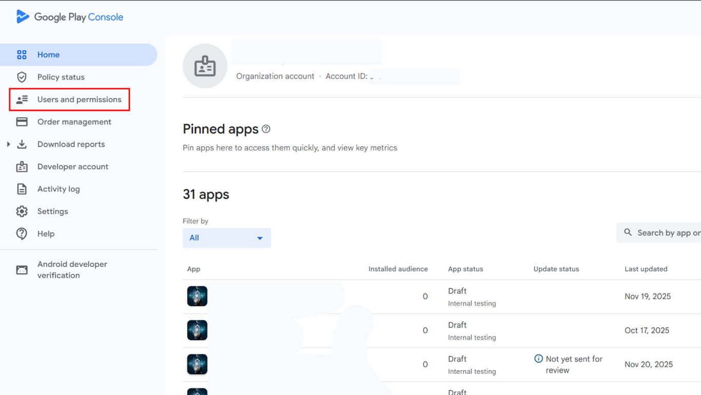 Google Developer Account - Users and permissions