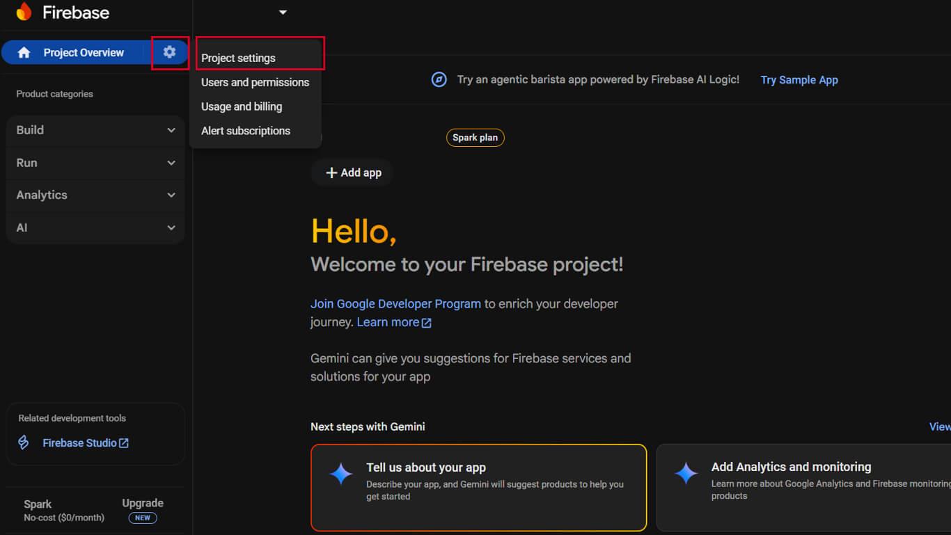 google firebase Project settings