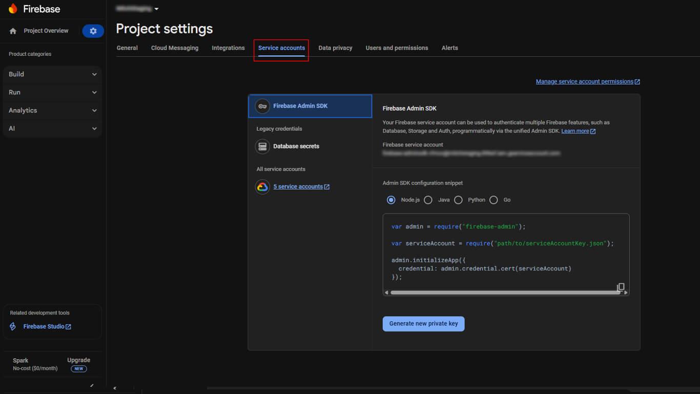navigate to Service accounts under Project settings