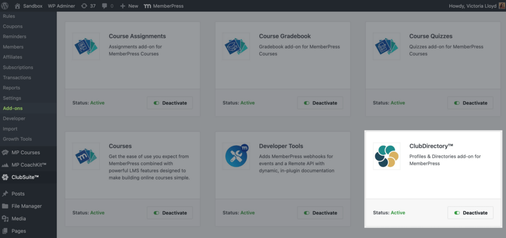 Captura de tela demonstrando como ativar o complemento de diretórios no MemberPress